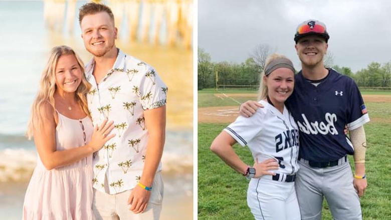 一对情侣的并排照片, 一张是他们穿着Berks的棒球和垒球制服，另一张是同一对夫妇在海滩上